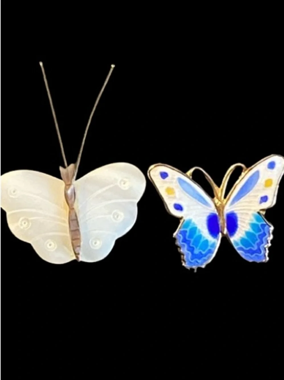 Vintage Set of 2 Butterfly Brooch Gold Metal & Enameled Mother-Of-Pearl